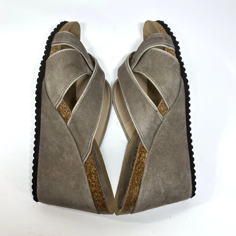 Cordani Woman 38 Avery Suede Wedge Cross Strap Sandals Made in Italy Taupe‎